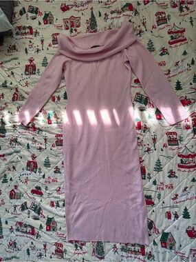 Off-Shoulder Long Sleeve Sweater Dress - Light Pink